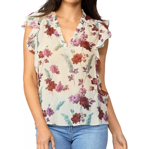 PAIGE Genie Floral Silk Chiffon Sleeveless Ruffle Blouse Nude Cream Size Small